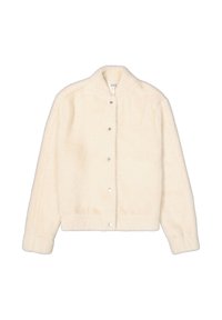 Cremefarbene, langärmlige, flauschige Jacke mit Druckknöpfen, Stehkragen und elastischen Bündchen.