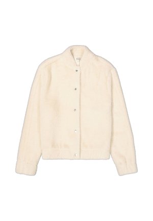 Cream-colored, long-sleeve, fluffy snap-button jacket with a stand collar and elastic cuffs.