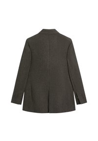 Ciemnoszary wełniany żakiet z długimi rękawami, wycięciem na kołnierz, wentylacją na plecach oraz mankietami zapinanymi na guziki, wyeksponowany płasko z tyłu.