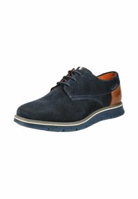 Scarpe stringate in suede blu scuro con punta perforata, dettagli in pelle marrone e suola imbottita con scanalature per una migliore aderenza.