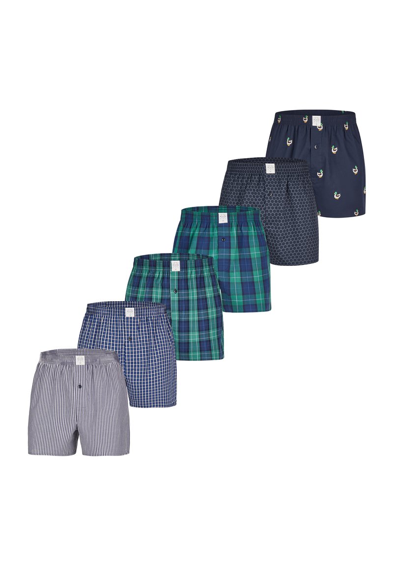 Bóxer para hombre en varios estampados: rayas azules, cuadro verde, lunares grises y estampado de patos. Material de algodón, cinturilla elástica, botones.