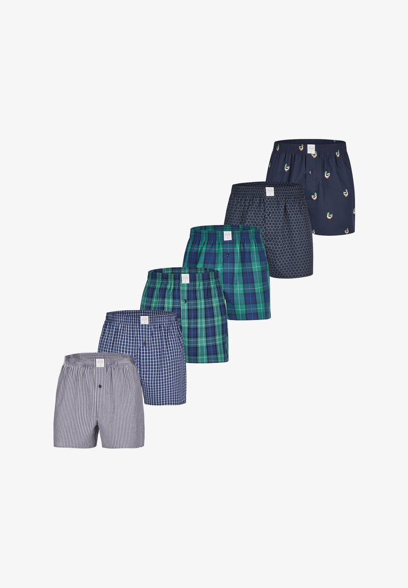 Boxer da uomo in vari modelli: righe blu, quadri verdi, pois grigi e stampa anatroccolo. Materiale in cotone, cintura elastica, bottoni.