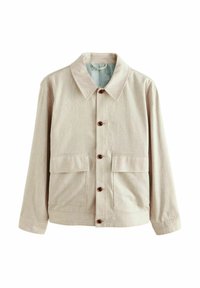Beige jas van textuur stof met een kraag, knoopsluiting en twee voorzakken met een ontspannen pasvorm.