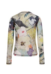 Haut ajusté à manches longues avec imprimé floral abstrait dans des tons pastel crème, jaune, violet et vert, vu de dos.