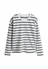 Langarmshirt aus weißem Baumwollstoff mit horizontalen schwarzen Streifen. Hat einen runden Halsausschnitt und eine lockere Passform. Weiche Textur.