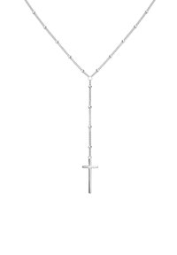 Zilveren ketting met een Y-vormig ontwerp, versierd met ronde kralen en een verticale kruispendant aan het einde. Glad, gepolijst afwerking.