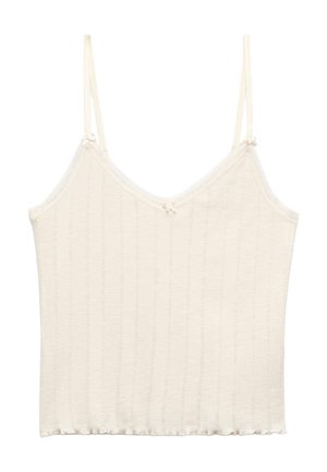 Kremfarvet ribstrikket camisole top med tynde justerbare stropper og små dekorative sløjfer på stropperne og midt foran.
