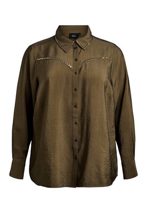 Olive green blouse with long sleeves, button-up front, embellished collar and shoulder detailing with metallic studs. Soft, textured fabric.