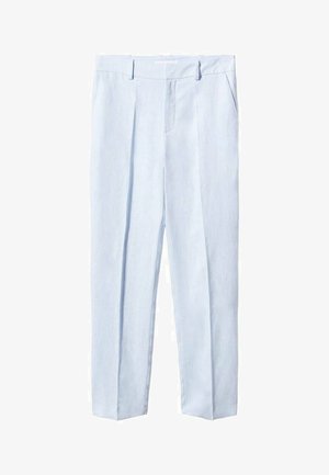 Pantalon bleu clair ajusté avec plis devant, poches latérales, passants de ceinture et coupe droite sur fond blanc.