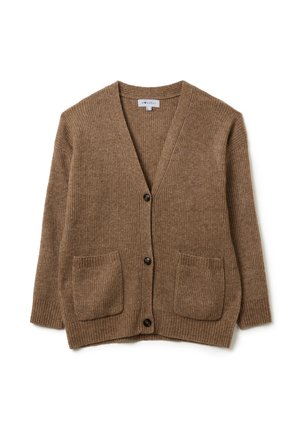 Brauner gerippter Cardigan mit V-Ausschnitt, fünf Knöpfen, zwei vorderen Taschen und strukturiertem Stoff. Klassische Form, lockere Passform.
