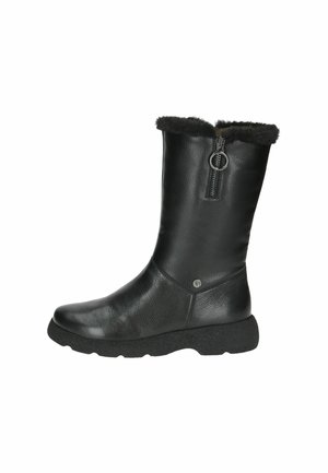 Black leather knee-high boot with faux fur collar, side zipper, textured upper, and thick rubber sole. Smooth finish with reinforced stitching.