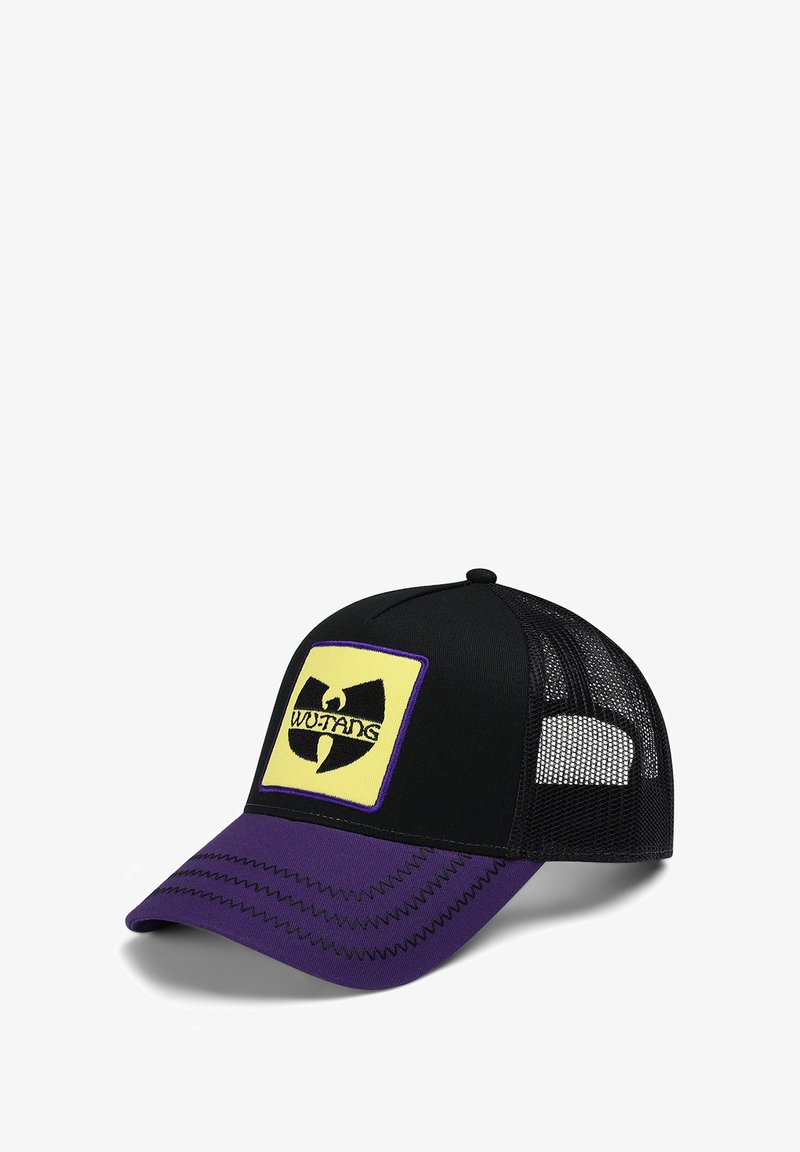 Black baseball cap with a purple brim, yellow embroidered patch featuring the Wu-Tang logo, and mesh back for ventilation.
