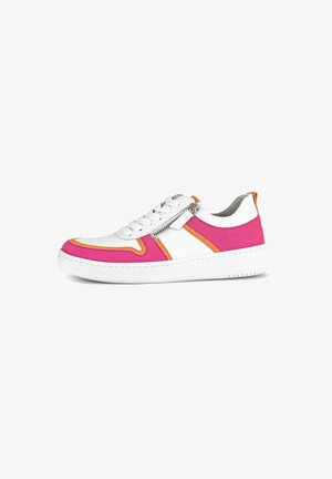 Hvide sneakers med pink og orange detaljer, rund tå, tekstureret læder, hævet sål, med en sidelukning og snørebånd.