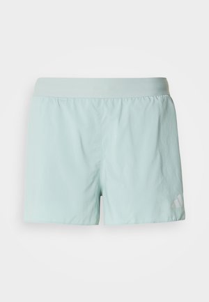 Ανοιχτό μπλε αθλητικό σορτς από ελαφρύ ύφασμα, με ελαστική μέση και μικρό λευκό λογότυπο στην κάτω δεξιά γωνία.