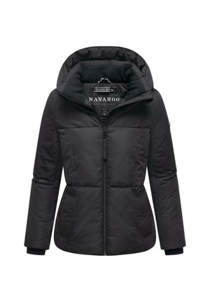 Black padded jacket with hood, front zipper, two snap-pocket flaps, and ribbed inner cuffs, branded "NAVAHOO" inside collar.