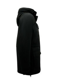 Zwarte hoodie-jack met een rits aan de voorkant en drukknoopsluiting, voorzien van een textuurstof, zijzakken en een gestructureerde silhouet.