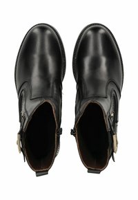 Stivaletti neri in pelle con finitura liscia, zip laterali e dettagli decorativi in metallo. Punta arrotondata e cuciture a contrasto.