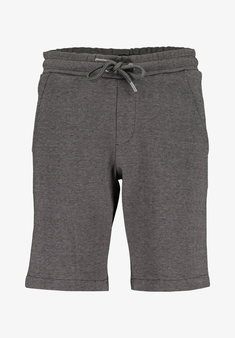 Shorts pour hommes gris foncé texturés avec ceinture élastique, cordon de serrage et poches latérales.