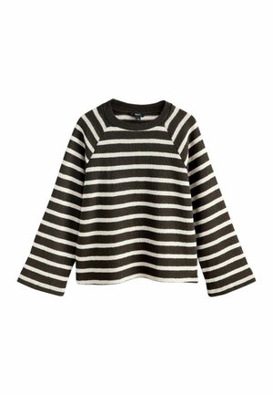 Pull à manches longues rayé horizontal noir et blanc avec col rond et poignets légèrement évasés, posé à plat sur fond blanc.