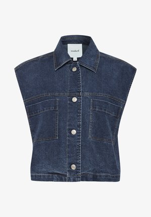 Tamsaus praplovimo džinsinio liemenę, be rankovių dizainas, smailus apykaklė ir sidabro spalvos snapų mygtukai. Yra dvi priekinių kišenių su viršutiniu siuvimu.