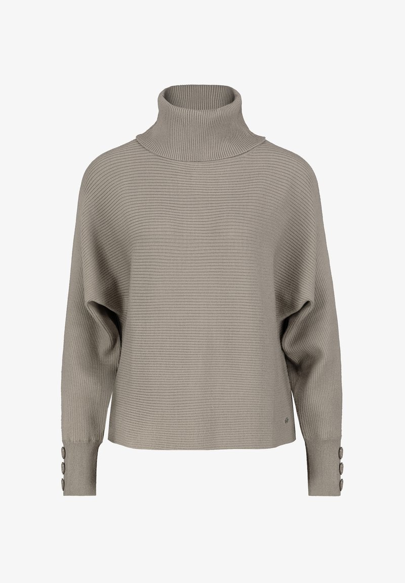 Khakifarbenes, geripptes Rollkragensweatshirt mit lockerer Passform, das mit Knopfapplikationen an den Ärmeln und strukturiertem Material für zusätzliche Tiefe ausgestattet ist.