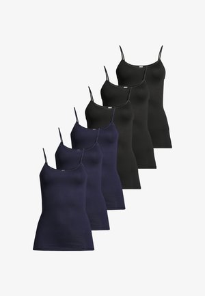 Six camisoles sans manches pour femmes en noir et bleu marine, disposées en deux rangées décalées sur un fond blanc.