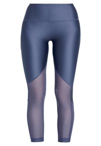 Laivastonsiniset leggingsit, joissa on sileä ja joustava materiaali. Läpinäkyvät verkkopaneelit sivuilla korostavat kontrastista muotoilua. Korkea vyötärö.