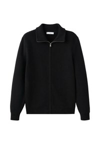 Czarny sweter na zamek z prążkowaną fakturą, kołnierzem do składania i długimi rękawami. Posiada gładki zamek błyskawiczny i luźny krój.
