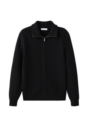 Zwarte trui met ritssluiting, ribbelige textuur, omgeslagen kraag en lange mouwen. Voorzien van een soepele rits en een relaxte pasvorm.