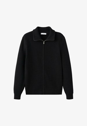 Zwarte trui met ritssluiting, ribbelige textuur, omgeslagen kraag en lange mouwen. Voorzien van een soepele rits en een relaxte pasvorm.