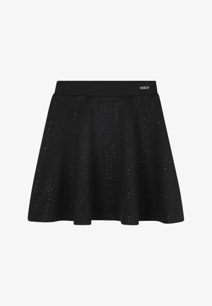 Zwarte rok met een uitlopende vorm, voorzien van kleine perforaties. Gemaakt van een zachte stof, heeft het een brede tailleband en een metallic logoaccent.