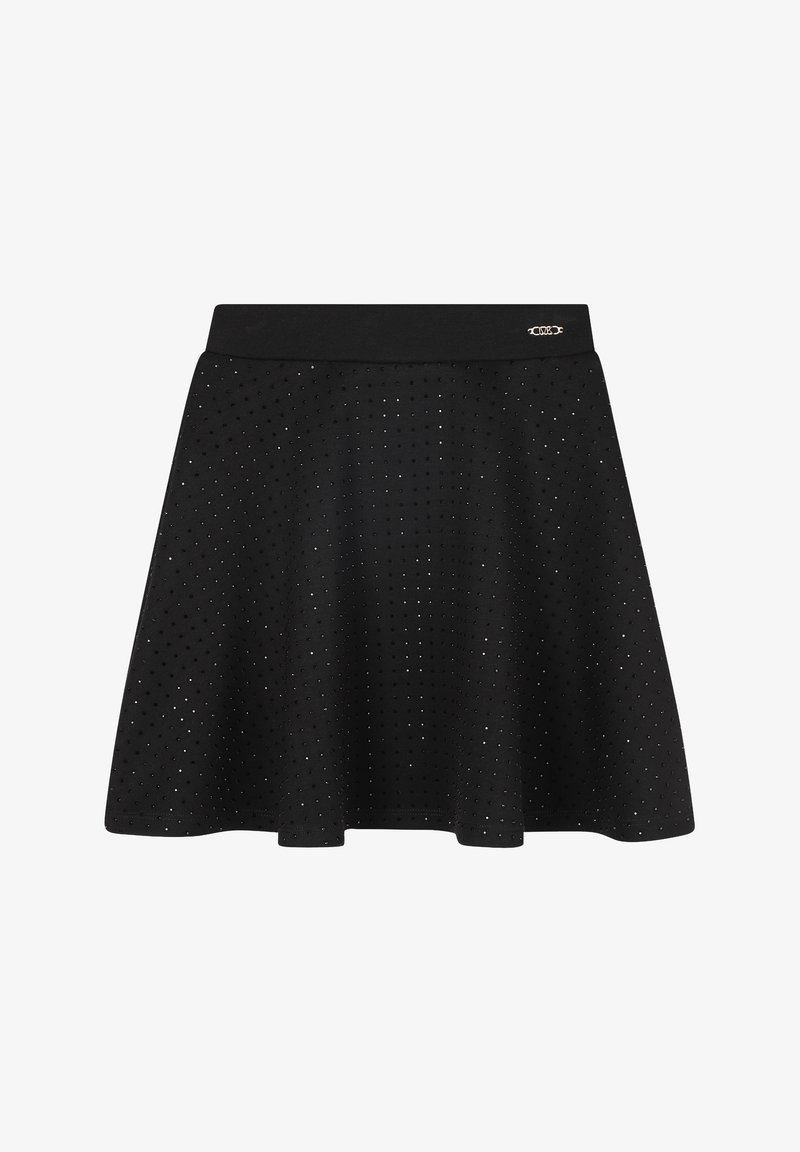 Gonna nera con un design a campana, caratterizzata da piccole perforazioni in tutto il tessuto. Realizzata in un morbido materiale, presenta un'ampia vita e un accento con logo metallico.