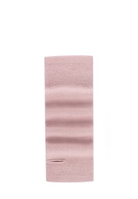 Weiche, rosa gestrickte fingerlose Handschuhe mit einem Daumenloch, flach auf einem weißen Hintergrund gefaltet.