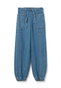 Lichtblauwe denim joggerbroeken met een elastische tailleband, trekkoord en twee grote voorzakken, voorzien van elastische boorden bij de enkels.
