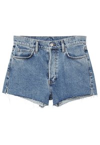 Džínové šortky ve světle modré barvě s roztrhaným lemem, s předním zapínáním na knoflík, čtyřmi kapsami a klasickým pětikapsovým designem.