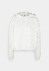 Felpa corta in cotone misto grigio chiaro, dotata di cappuccio con cordino, maniche lunghe e polsini a costine, con una finitura morbida e testurizzata.