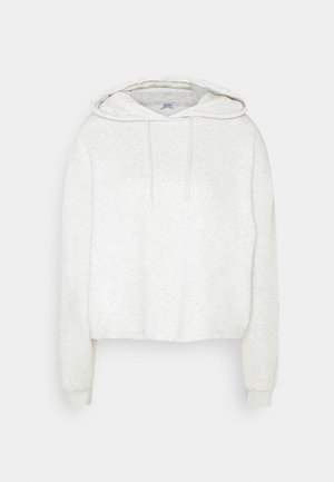 Cotton blend cropped hoodie in light grey, featuring a drawstring hood, long sleeves, and ribbed cuffs, with a soft, textured finish.