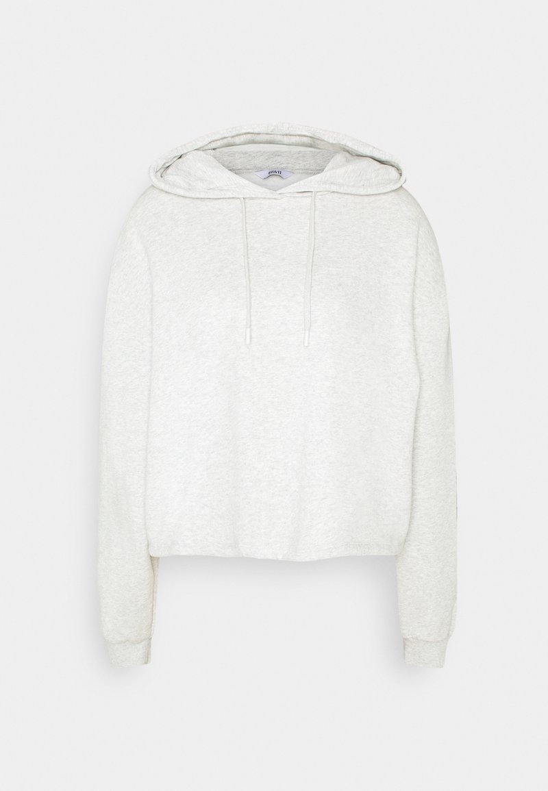 Felpa corta in cotone misto grigio chiaro, dotata di cappuccio con cordino, maniche lunghe e polsini a costine, con una finitura morbida e testurizzata.