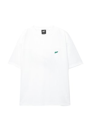 White short-sleeve t-shirt made of soft fabric, featuring a rounded neckline and a small green logo on the left chest.