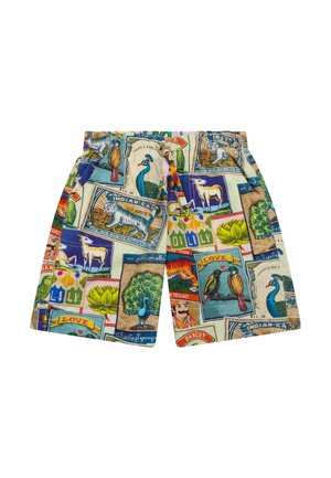 Kinderkorte broeken met kleurrijke vintage-stijl prints van dieren, planten en tekstblokken op een lichte achtergrond.