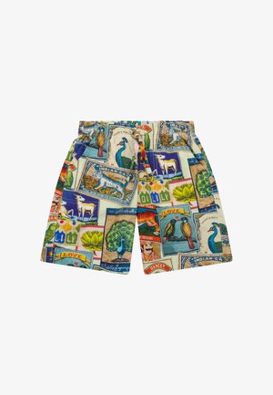 Kinderkorte broeken met kleurrijke vintage-stijl prints van dieren, planten en tekstblokken op een lichte achtergrond.