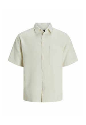Camisa de botones de manga corta en tejido texturizado amarillo claro, con un cuello clásico y un bolsillo en el pecho en el lado izquierdo.
