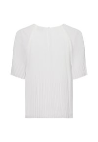 Haut plissé blanc à manches courtes, avec un col rond et une fermeture à boutons au dos. Tissu léger et texturé.