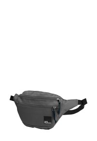 Marsupio grigio realizzato in tessuto resistente, con due scomparti con zip, tracolla regolabile e dettaglio del logo. Design compatto ed ergonomico.