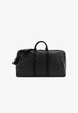 Borsa da viaggio nera con motivo monogramma, dettagli in pelle, doppie maniglie e tracolla removibile. Chiusura con cerniera. Superficie texturizzata.