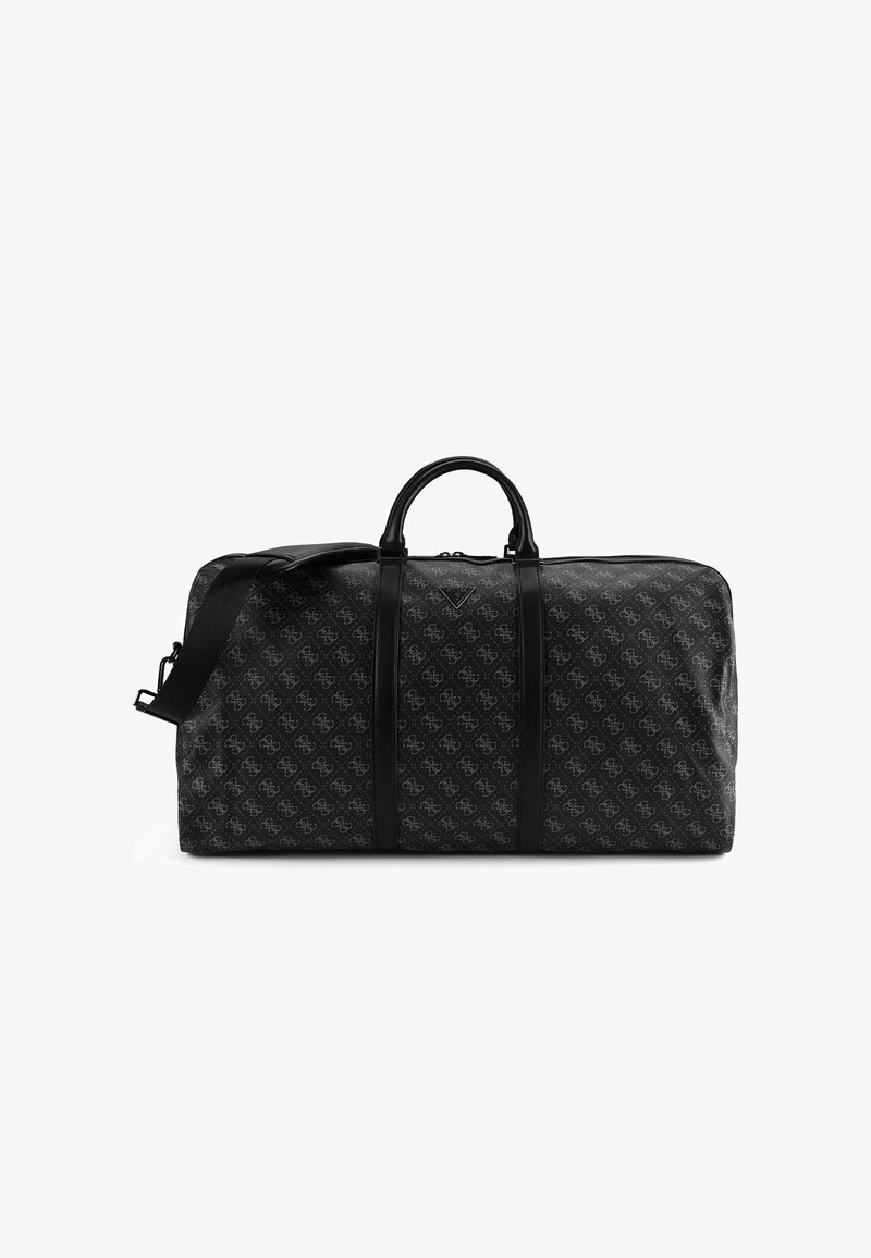 Bolsa de viaje negra con un patrón de monograma, detalles en cuero, doble asa y una correa de hombro desmontable. Cierre con cremallera. Superficie texturizada.