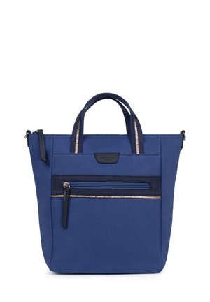 Sac fourre-tout bleu marine en tissu, doté d'une poche avant zippée, de poignées robustes et d'accents métalliques. Design compact et rectangulaire.