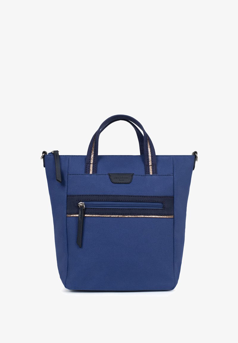 Torebka tote w kolorze granatowym wykonana z tkaniny, z zamykaną na zamek kieszenią z przodu, wytrzymałymi uchwytami i metalicznymi akcentami. Kompaktowy i prostokątny kształt.