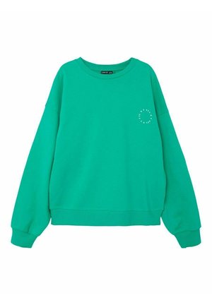 Sweat-shirt vert à manches longues avec un col rond, des poignets et un ourlet côtelés, arborant un petit logo imprimé sur le devant. Texture douce.