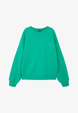 Sweat-shirt vert à manches longues avec un col rond, des poignets et un ourlet côtelés, arborant un petit logo imprimé sur le devant. Texture douce.